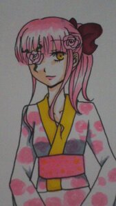 Rating: Safe Score: 0 Tags: 1girl flower hair_flower hair_ornament image japanese_clothes kimono kirakishou long_hair looking_at_viewer obi photo pink_hair rose sash solo traditional_media upper_body yellow_eyes User: admin