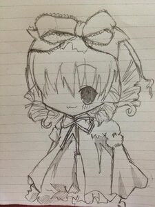 Rating: Safe Score: 0 Tags: 1girl dress drill_hair hat hinaichigo image long_sleeves monochrome sketch smile solo traditional_media twintails User: admin