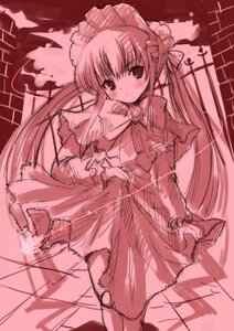 Rating: Safe Score: 0 Tags: 1girl blush cowboy_shot dress image long_hair long_sleeves looking_at_viewer monochrome pink_theme rozen_maiden shinku shinshin solo standing twintails very_long_hair User: admin