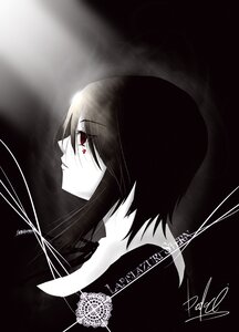 Rating: Safe Score: 0 Tags: 1girl artist_name bangs eyebrows_visible_through_hair from_side hood image monochrome profile red_eyes short_hair signature solo souseiseki spot_color User: admin