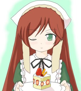 Rating: Safe Score: 0 Tags: 1girl blush brown_hair cake cake_slice dress food fruit green_dress green_eyes head_scarf image long_hair long_sleeves one_eye_closed smile solo strawberry strawberry_shortcake suiseiseki User: admin