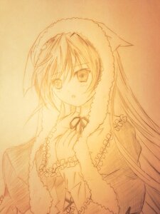 Rating: Safe Score: 0 Tags: 1girl auto_tagged capelet dress eyebrows_visible_through_hair frills fur_trim image long_hair long_sleeves looking_at_viewer monochrome open_mouth simple_background solo suiseiseki traditional_media upper_body User: admin