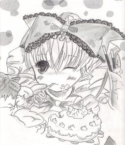 Rating: Safe Score: 0 Tags: 1girl blush cake eating fang food greyscale hinaichigo image monochrome solo strawberry traditional_media User: admin