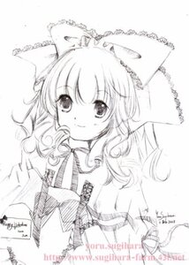 Rating: Safe Score: 0 Tags: 1girl bow dated greyscale hair_bow hakurei_reimu hinaichigo image kirisame_marisa long_hair looking_at_viewer monochrome sketch smile solo striped traditional_media User: admin