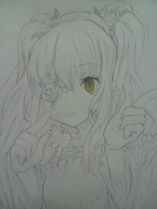 Rating: Safe Score: 0 Tags: 1girl eyepatch image index_finger_raised kirakishou long_hair long_sleeves looking_at_viewer monochrome pointing solo traditional_media upper_body yellow_eyes User: admin