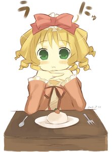 Rating: Safe Score: 0 Tags: 1girl :t blonde_hair blush bow dress drill_hair eating food fork fruit green_eyes hina_ichigo hinaichigo ichigo_daifuku image long_sleeves noripachi photoshop_(medium) pink_bow ribbon rozen_maiden simple_background solo spoon table unyu wagashi white_background User: admin
