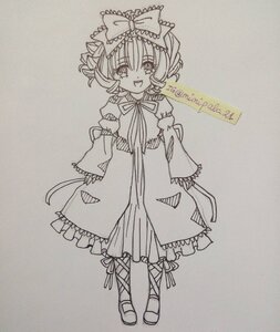 Rating: Safe Score: 0 Tags: 1girl artist_name bow dated dress drill_hair full_body greyscale hinaichigo image long_sleeves looking_at_viewer monochrome open_mouth smile solo standing traditional_media twitter_username User: admin