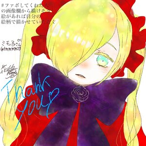 Rating: Safe Score: 0 Tags: 1girl blonde_hair blush bow dated dress green_eyes hair_over_one_eye image long_hair looking_at_viewer rose shinku signature simple_background solo twintails white_background User: admin