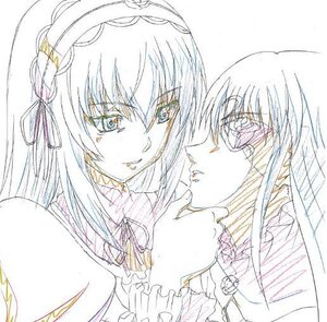 Rating: Safe Score: 0 Tags: 2girls barasuishou eyebrows_visible_through_hair hair_ribbon image long_hair long_sleeves looking_at_another multiple_girls pair ribbon simple_background smile suigintou upper_body white_background User: admin