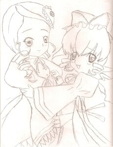 Rating: Safe Score: 0 Tags: 2girls auto_tagged dress drill_hair hat hinaichigo image kanaria long_sleeves looking_at_viewer monochrome multiple_girls pair smile twin_drills User: admin