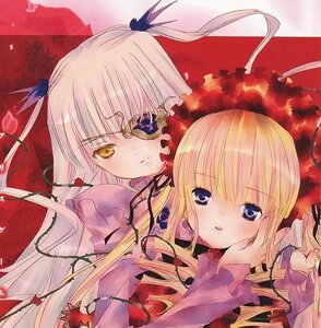 Rating: Safe Score: 0 Tags: 2girls bangs barasuishou blonde_hair blue_eyes dress drill_hair eyepatch flower flower_eyepatch frills hand_on_another's_face hat headdress hina_ichigo image lolita_fashion long_hair looking_at_viewer multiple_girls official_art open_mouth pair peach-pit rose rozen_maiden shinku suigintou thorns yellow_eyes User: admin
