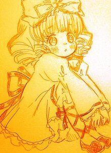 Rating: Safe Score: 0 Tags: 1girl bloomers blush bow drill_hair frills hair_bow hat hinaichigo image monochrome solo traditional_media User: admin