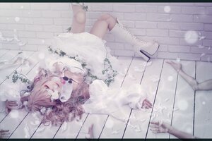 Rating: Safe Score: 0 Tags: 1girl boots dress from_above high_heels kirakishou lying pink_hair solo tile_floor tiles white_dress white_footwear User: admin