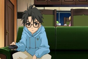 Rating: Safe Score: 0 Tags: 1boy black_hair brown_eyes glasses hood hoodie human indoors looking_at_viewer sakurada_jun screenshot sitting solo User: admin