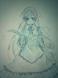 Rating: Safe Score: 0 Tags: 1girl apron blush dress eyebrows_visible_through_hair image long_hair long_sleeves looking_at_viewer monochrome sketch smile solo suiseiseki traditional_media very_long_hair waist_apron User: admin