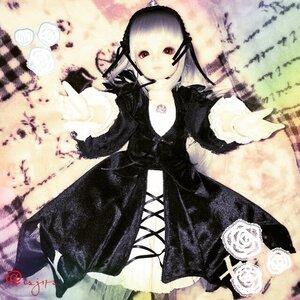 Rating: Safe Score: 0 Tags: 1girl bangs black_dress closed_mouth doll dress flower frills long_hair long_sleeves looking_at_viewer red_eyes rose solo standing suigintou twintails white_hair wings User: admin