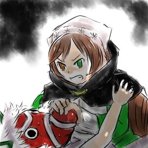 Rating: Safe Score: 0 Tags: 1boy 1girl blush brown_hair clenched_teeth green_eyes heterochromia image solo suiseiseki sweat teeth User: admin