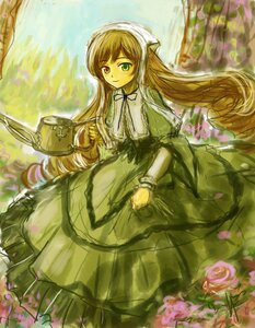 Rating: Safe Score: 0 Tags: 1girl blonde_hair brown_hair dress flower frills green_dress green_eyes heterochromia image long_hair long_sleeves looking_at_viewer outdoors ribbon smile solo suiseiseki very_long_hair watering_can User: admin