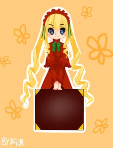 Rating: Safe Score: 0 Tags: 1girl bangs blonde_hair blue_eyes blush bonnet bow bowtie dress green_bow image long_hair long_sleeves looking_at_viewer red_dress shinku simple_background smile solo v_arms User: admin