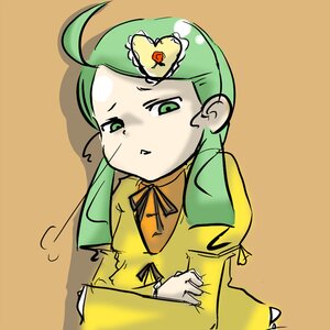 Rating: Safe Score: 0 Tags: 1girl ahoge brown_background dress green_eyes green_hair image kanaria long_sleeves simple_background solo yellow_dress User: admin
