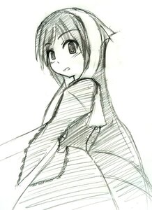 Rating: Safe Score: 0 Tags: 1girl blush greyscale image kita_high_school_uniform long_hair long_sleeves looking_at_viewer looking_back monochrome school_uniform serafuku simple_background solo suiseiseki white_background User: admin