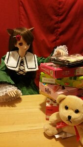 Rating: Safe Score: 0 Tags: 1girl animal_ears brown_hair cat_ears doll dress hair_ornament long_hair solo stuffed_animal suiseiseki teddy_bear User: admin