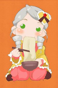Rating: Safe Score: 0 Tags: 1girl blush eating food green_eyes grey_hair image kanaria long_sleeves orange_background simple_background solo User: admin