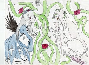 Rating: Safe Score: 0 Tags: 2girls akemi_homura akuma_homura black_hair choker dress dual_persona flower gloves image kirakishou long_hair multiple_girls pair plant red_eyes rose suigintou symmetry thighhighs traditional_media wings User: admin
