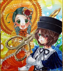 Rating: Safe Score: 0 Tags: 2girls blush bow brown_hair dress flower frills green_eyes hat image instrument kanaria long_sleeves looking_at_viewer multiple_girls open_mouth pair ribbon rose short_hair siblings sisters smile souseiseki traditional_media yumeki_kokoro User: admin