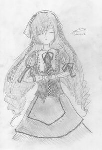 Rating: Safe Score: 0 Tags: 1girl artist_name closed_eyes dated dress greyscale image long_hair long_sleeves monochrome ribbon signature simple_background solo suiseiseki traditional_media very_long_hair User: admin