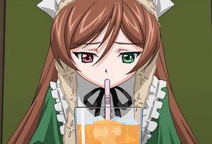 Rating: Safe Score: 0 Tags: 1girl braid brown_hair cup dress drinking_straw frills green_eyes heterochromia image long_hair red_eyes ribbon solo suiseiseki User: admin