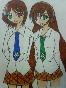 Rating: Safe Score: 0 Tags: 2girls :d brown_hair cowboy_shot green_eyes heterochromia image long_hair long_sleeves looking_at_viewer multiple_girls necktie pair red_eyes red_skirt siblings simple_background sisters skirt smile souseiseki standing suiseiseki twins User: admin