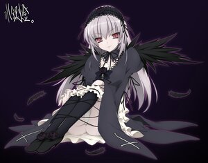 Rating: Safe Score: 3 Tags: 1girl akinoko black_dress black_wings dark detached_collar dress feathers frills full_body hairband highres image kneehighs lolita_fashion long_hair long_sleeves looking_at_viewer no_panties photoshop_(medium) red_eyes rose rozen_maiden silver_hair sitting socks solo suigintou wings User: admin