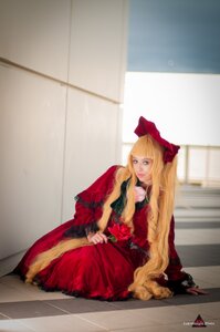 Rating: Safe Score: 0 Tags: 1girl artist_name bangs blonde_hair blue_eyes bow dress flower hair_bow lips long_hair realistic red_dress rose shinku sitting solo User: admin