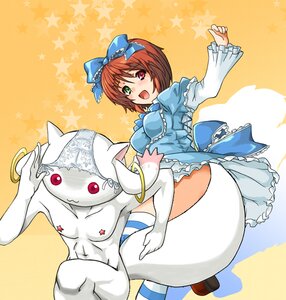 Rating: Questionable Score: 0 Tags: 1girl blush bow dress green_eyes hair_bow heterochromia image open_mouth red_eyes short_hair solo souseiseki star_(symbol) starfish starry_background striped striped_legwear thighhighs User: admin