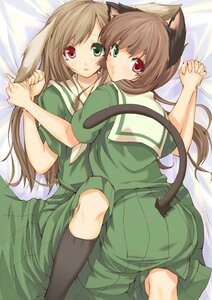 Rating: Safe Score: 0 Tags: 2girls animal_ears bed blush brown_hair cat_ears cat_tail heterochromia holding_hands image interlocked_fingers long_hair looking_at_viewer looking_back lying multiple_girls on_back pair red_eyes school_uniform siblings sisters souseiseki suiseiseki tail twins User: admin