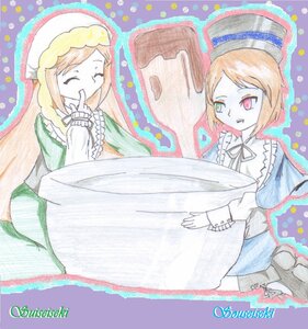 Rating: Safe Score: 0 Tags: 2girls artist_name blonde_hair brown_hair closed_eyes dress frills green_dress hat image long_sleeves multiple_girls pair red_eyes short_hair siblings sisters smile souseiseki suiseiseki traditional_media twins User: admin