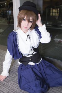 Rating: Safe Score: 0 Tags: 1girl blue_eyes brown_hair hat lips long_sleeves looking_at_viewer ribbon short_hair sitting skirt solo souseiseki User: admin