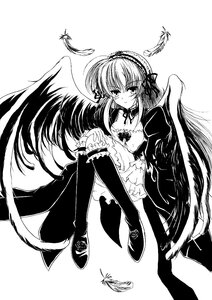 Rating: Safe Score: 0 Tags: 1girl angel angel_wings bird black_feathers blush dove dress feathered_wings feathers frills greyscale hairband image lolita_hairband long_hair long_sleeves looking_at_viewer monochrome shoes sitting solo suigintou thighhighs very_long_hair white_feathers wings User: admin