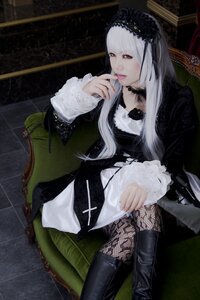 Rating: Safe Score: 0 Tags: 1girl boots choker gothic gothic_lolita lace lips lolita_fashion long_hair long_sleeves nail_polish sitting solo suigintou white_hair User: admin