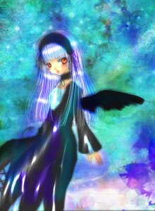 Rating: Safe Score: 0 Tags: 1girl bangs blue_dress blunt_bangs colorful dress flower hairband image long_hair long_sleeves looking_at_viewer orange_eyes solo standing suigintou wings User: admin