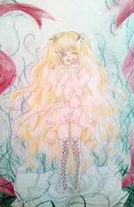 Rating: Safe Score: 0 Tags: 1girl blonde_hair boots closed_eyes cross-laced_footwear dress flower gradient_hair image kirakishou long_hair solo traditional_media very_long_hair watercolor_(medium) wavy_hair User: admin