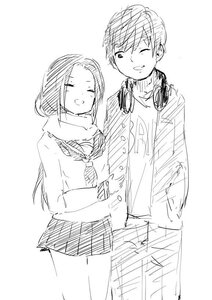 Rating: Safe Score: 0 Tags: 1boy 1girl blush closed_eyes greyscale human long_hair monochrome one_eye_closed open_mouth pleated_skirt scarf school_uniform serafuku sketch skirt smile User: admin