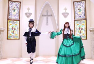 Rating: Safe Score: 0 Tags: argyle argyle_background brown_hair checkered checkered_background checkered_floor curtains dress flower green_dress hat indoors insect long_hair mirror multiple_cosplay multiple_girls painting_(object) pantyhose photo_(object) reflection standing tagme tile_floor tiles top_hat white_legwear User: admin