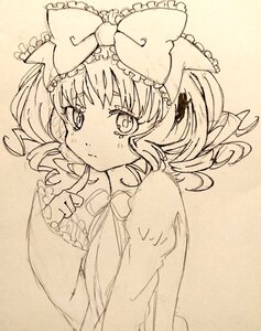 Rating: Safe Score: 0 Tags: 1girl blush bow drill_hair eyebrows_visible_through_hair hair_bow hinaichigo image long_sleeves looking_at_viewer monochrome solo sweatdrop tears traditional_media upper_body User: admin