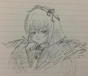 Rating: Safe Score: 0 Tags: 1girl dress eyebrows_visible_through_hair frills greyscale image long_sleeves looking_at_viewer monochrome simple_background sketch solo suigintou traditional_media upper_body User: admin