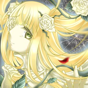 Rating: Safe Score: 0 Tags: 1girl bangs black_flower black_rose blonde_hair eyepatch flower green_eyes hair_flower hair_ornament image kirakishou long_hair rose solo thorns white_flower white_rose yellow_rose User: admin