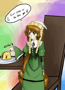 Rating: Safe Score: 0 Tags: 1girl blush brown_hair dress english_text frills green_dress green_eyes head_scarf heterochromia image long_hair long_sleeves looking_at_viewer red_eyes solo speech_bubble standing suiseiseki very_long_hair User: admin