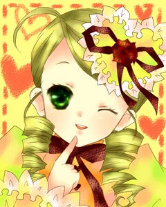 Rating: Safe Score: 0 Tags: 1girl ahoge blush drill_hair finger_to_mouth green_eyes green_hair image kanaria long_sleeves one_eye_closed open_mouth smile solo twin_drills upper_body yellow_background User: admin