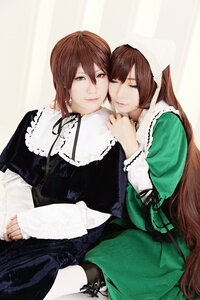 Rating: Safe Score: 0 Tags: 2girls brown_hair closed_eyes dress green_dress heterochromia jewelry long_hair long_sleeves multiple_cosplay multiple_girls pantyhose siblings sisters sitting smile souseiseki suiseiseki tagme twins very_long_hair User: admin